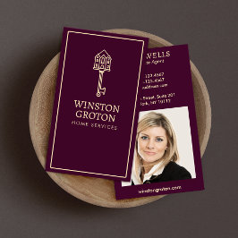 Cartão De Visita Key Real Estate Agent Photo Burgundy