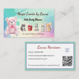Cartão De Visita Kids Party Planner Pastel Teddy Bear Logotipo QR