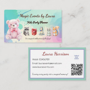 Cartão De Visita Kids Party Planner Pastel Teddy Bear Logotipo QR