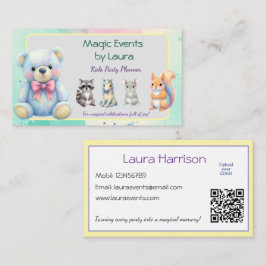 Cartão De Visita Kids Party Planner Pastel Teddy Bear Logotipo QR