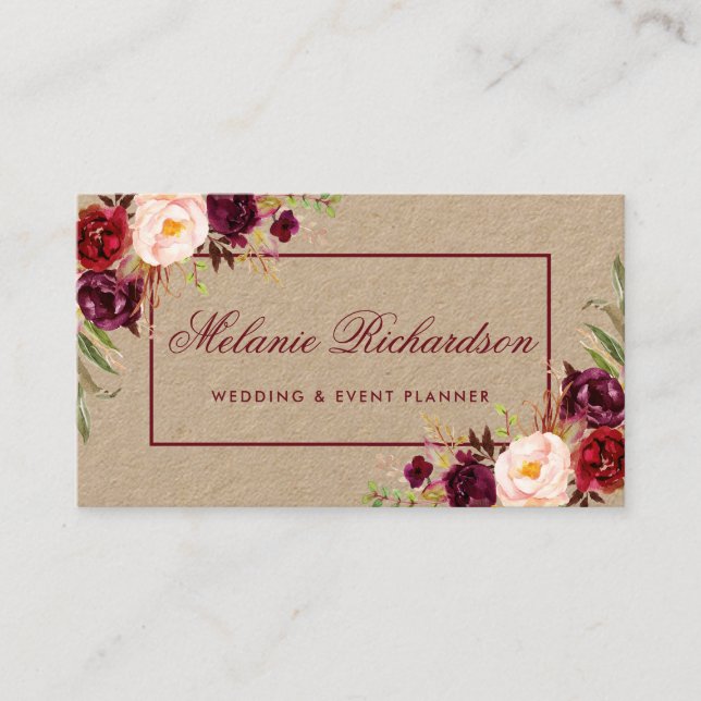 Cartão De Visita Kraft Watercolor Burgundy Marsala Floral (Frente)
