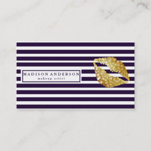 Cartão De Visita Lábios Dourados de Chic Azul e Branco - Maquiagem