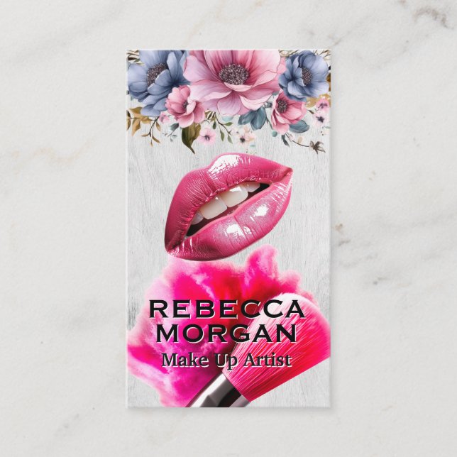 Cartão De Visita Lábios rosa | Compor Pincel e Pó (Frente)