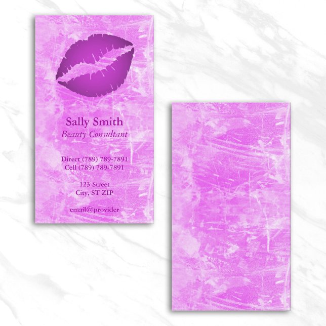 Cartão De Visita Lábios Roxos Textura Falsa Moderna Rosa (Pink Modern Faux Texture Purple Lips Business Card)