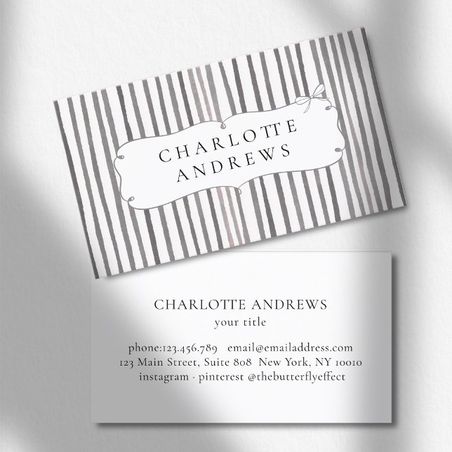 Cartão De Visita Laço Vintage com Listra Cinza e Branco  (Gray White Stripe Vintage Bow Business Card)