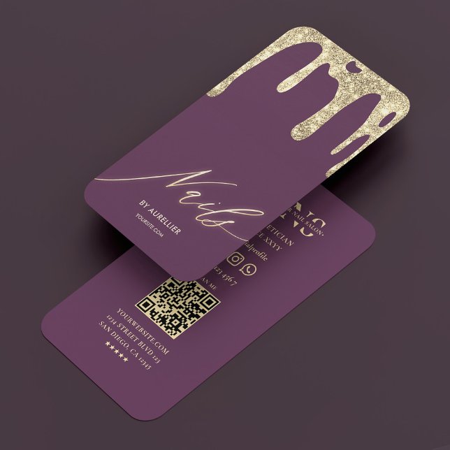 Cartão De Visita Lacquer Dourada Roxo-Roxo-das-unhas do luxo (Luxury Nail Technician Nail Artist Purple Gold Business Card
)