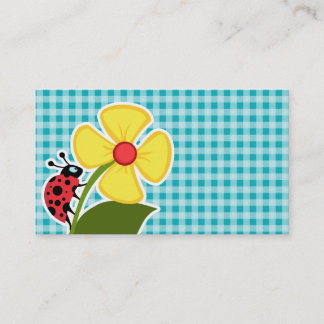 Cartão De Visita Ladybug e Flor no Gingham Verde Azul