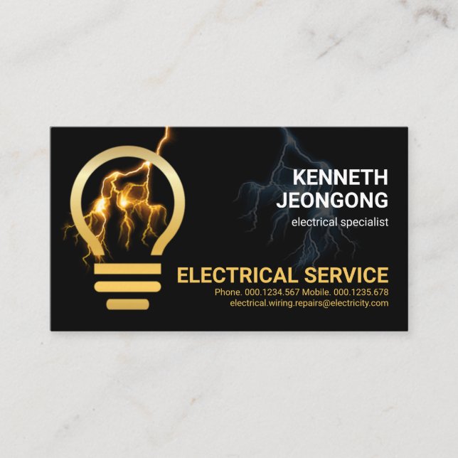 Cartão De Visita Lâmpada Dourada de potência de raios (Frente)
