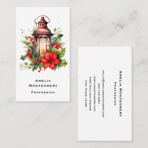 Cartão De Visita Lanterna de Natal Vermelho Poinsettia e Pinheiro