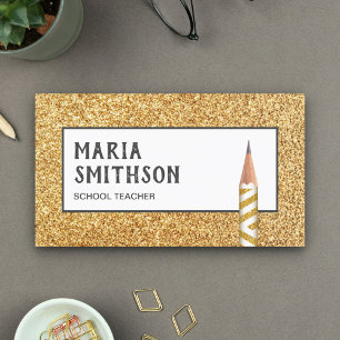 Cartão De Visita Lápis Glitter Dourado Falso Moderno Professor Esco