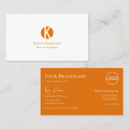 Cartão De Visita Laranja branco simples com monograma e logotipo
