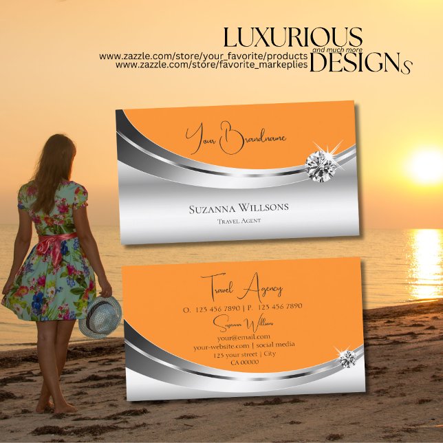 Cartão De Visita Laranja de Prata Aparente com Diamante Aparente (Criador carregado)