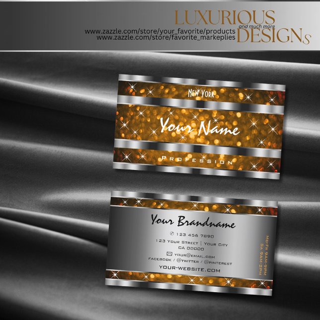 Cartão De Visita Laranja Dourada Brilhante Estrelas Silver Decor (Criador carregado)
