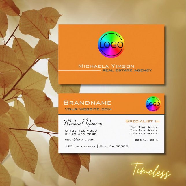 Cartão De Visita Laranja e branco simples com logotipo profissional (Criador carregado)