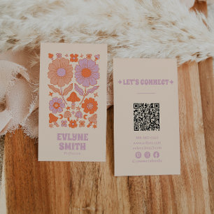 Cartão De Visita Laranja Roxo Retro Código QR Groovy Floral Boho