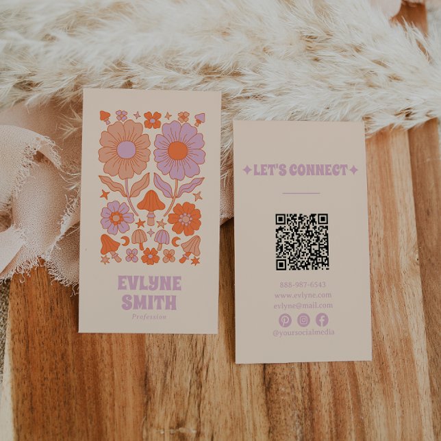 Cartão De Visita Laranja Roxo Retro Código QR Groovy Floral Boho (Criador carregado)