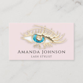 Cartão De Visita Lash Brows Makeup Logo Blue Eye QrCode rosa Dourad