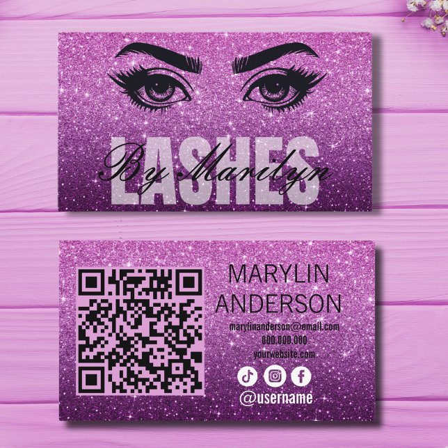 Cartão De Visita Lash de Ombre de Glitter Roxo com Código QR (Criador carregado)