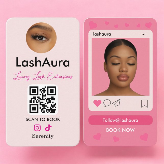 Cartão De Visita Lash Extensions Pink QR Code Photo (Criador carregado)