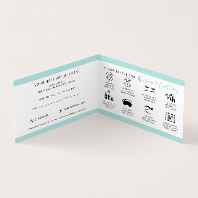 Cartão De Visita Lash Instruções e Lembrete de Compromisso do Cuida (Interior)