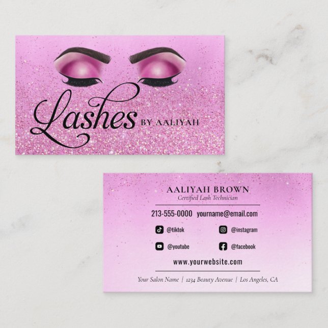 Cartão De Visita Lash Tech Pink Glam Glitter Olhos de Luxo Salão (Frente/Verso)