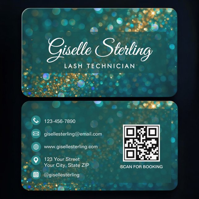 Cartão De Visita Lash Tech Verde Dourado Código QR Profissional (Criador carregado)