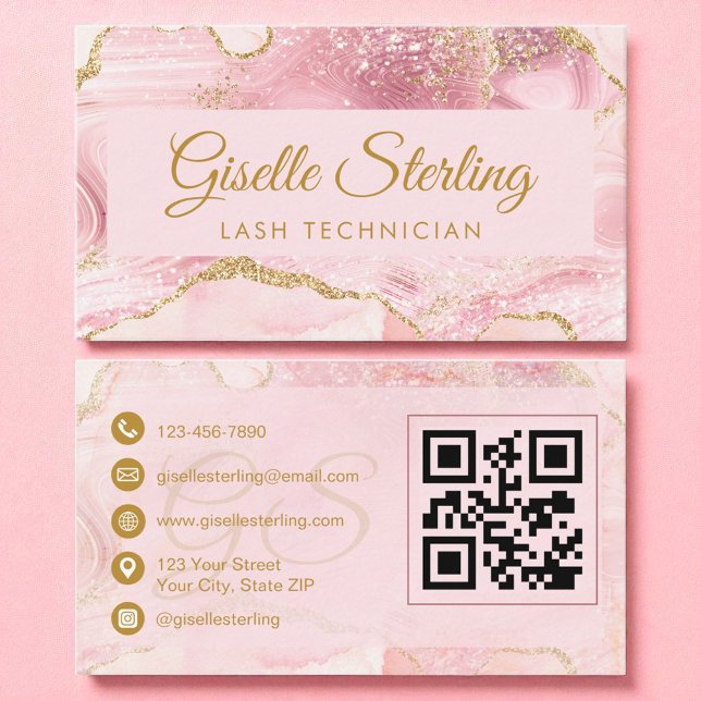 Cartão De Visita Lash Technician Blush Dourado Agate Cód. QR (Criador carregado)