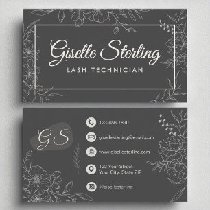 Cartão De Visita Lash Technician Moody Charmaln Cinza Floral Modern
