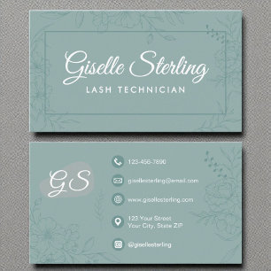 Cartão De Visita Lash Technician Teal Floral Line Art Modern Script
