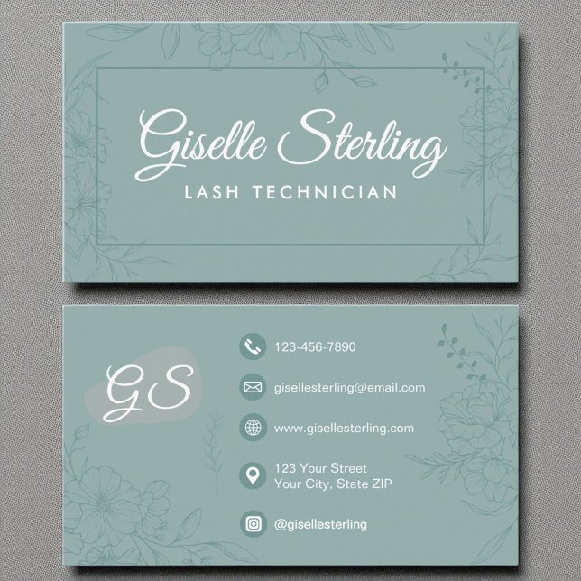 Cartão De Visita Lash Technician Teal Floral Line Art Modern Script (Criador carregado)
