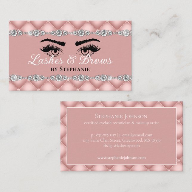 Cartão De Visita Lashes Brows Blush Diamantes Rosa Tufados Glamoros (Frente/Verso)