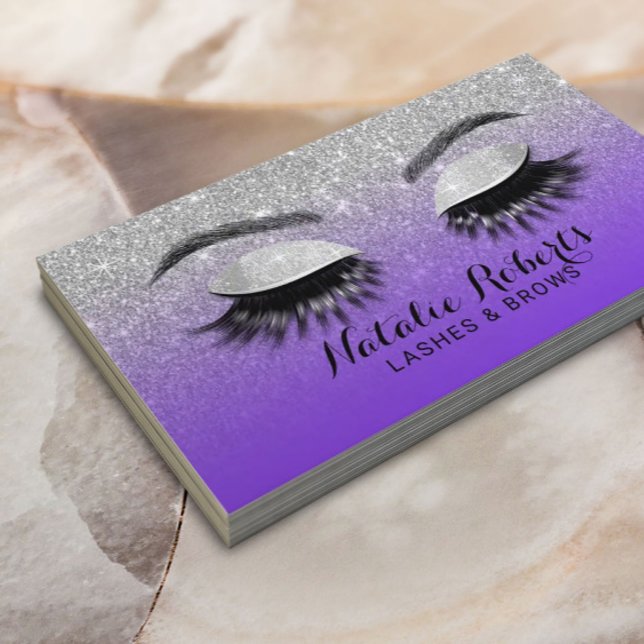 Cartão De Visita Lashes Brows Makeup Artist Purple & Silver Glitter (Criador carregado)