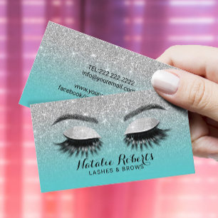 Cartão De Visita Lashes Brows Makeup Artist Teal & Silver Glitter