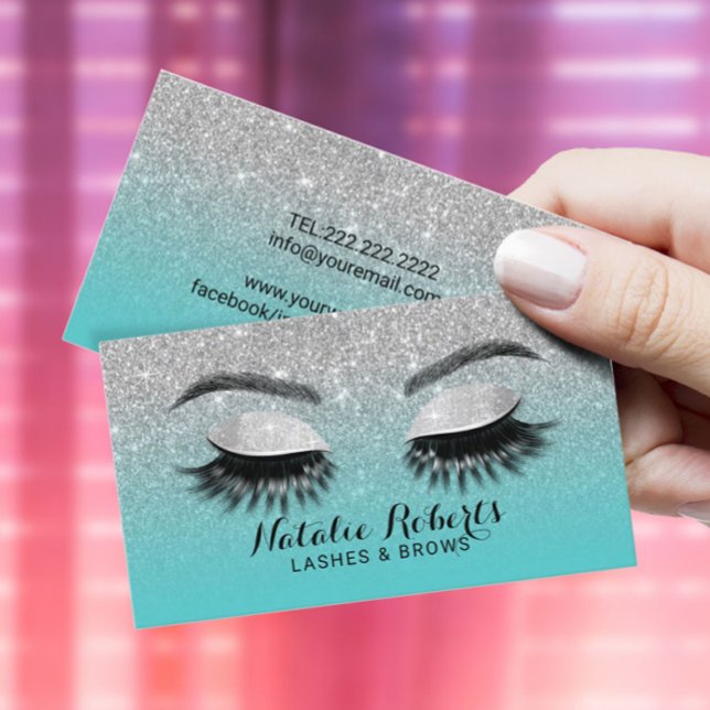 Cartão De Visita Lashes Brows Makeup Artist Teal & Silver Glitter (Criador carregado)