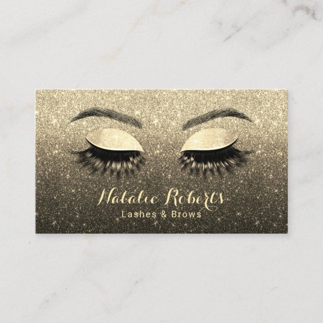 Cartão De Visita Lashes Brows Makeup Artista Black & Dourado Glitte (Frente)