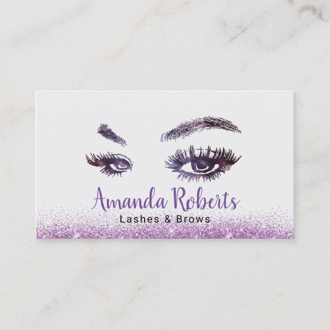 Cartão De Visita Lashes & Brows Makeup Artista Modern Purple Glitte (Frente)