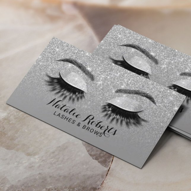 Cartão De Visita Lashes Brows Makeup Artista Modern Silver Glitter (Criador carregado)