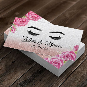 Cartão De Visita Lashes & Brows Makeup Artista Silver Glitter Flora