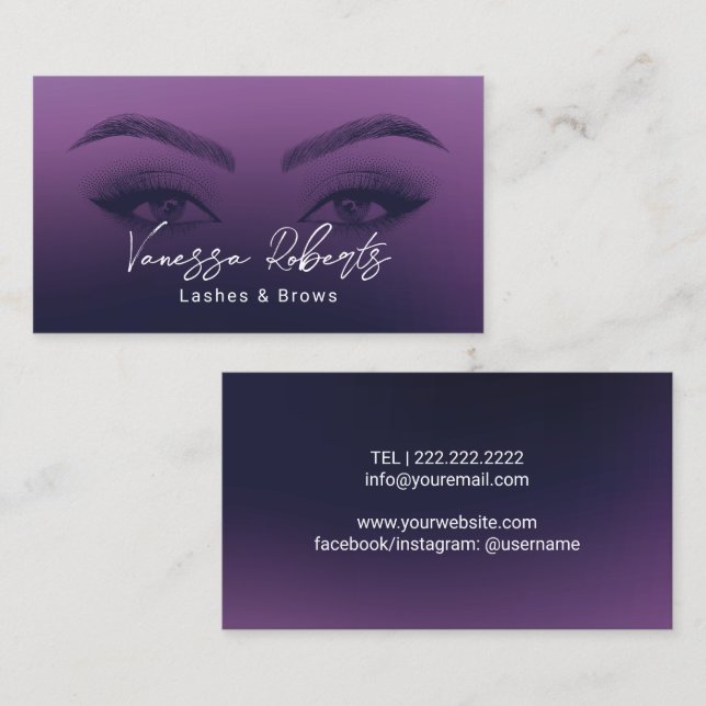 Cartão De Visita Lashes & Brows Salon Microblading Elegante Roxo (Frente/Verso)