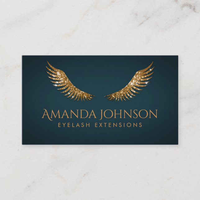 Cartão De Visita Lashes Dourados Asas Azul Escuro (Frente)