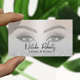 Cartão De Visita Lashes e Brows, Glitter de Prata Elegante de Micro