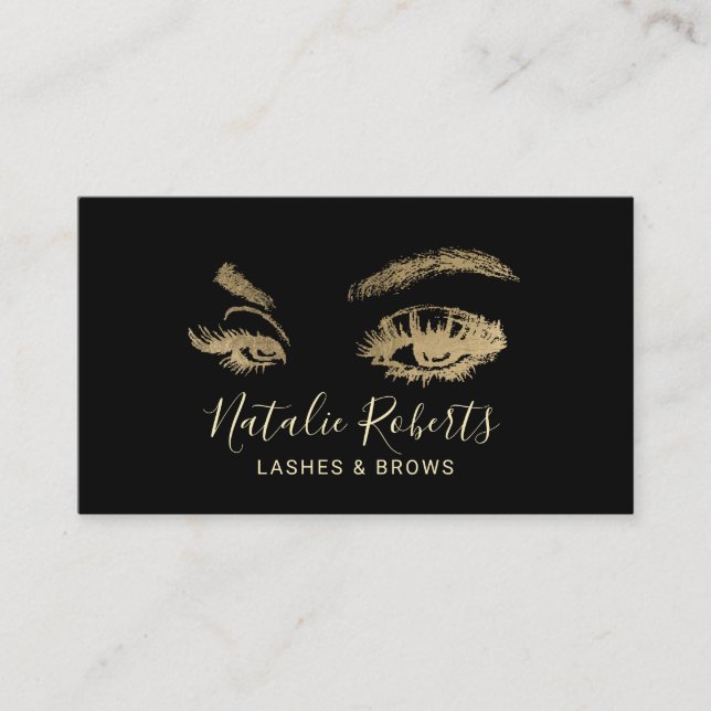 Cartão De Visita Lashes Eyelash Makeup Artista Moderno Preto e Dour (Frente)