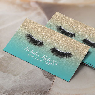 Cartão De Visita Lashes Eyelash Makeup Artista Teal & Dourado Glitt