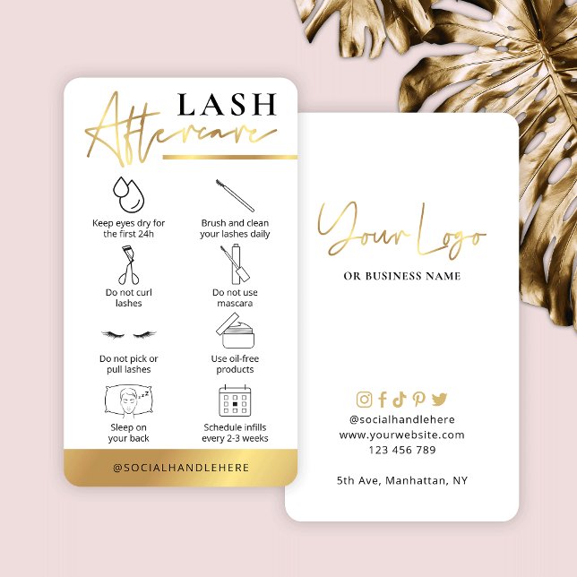 Cartão De Visita Lashes Guia do Cuidado Branco e Dourado Salão de L (Criador carregado)
