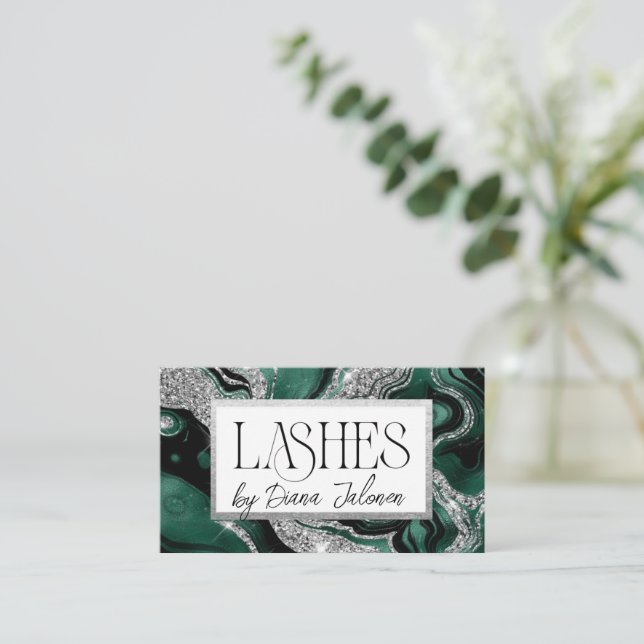 Cartão De Visita Lashes Lembrete do Compromisso Silver Green Marble (Em pé/Frente)
