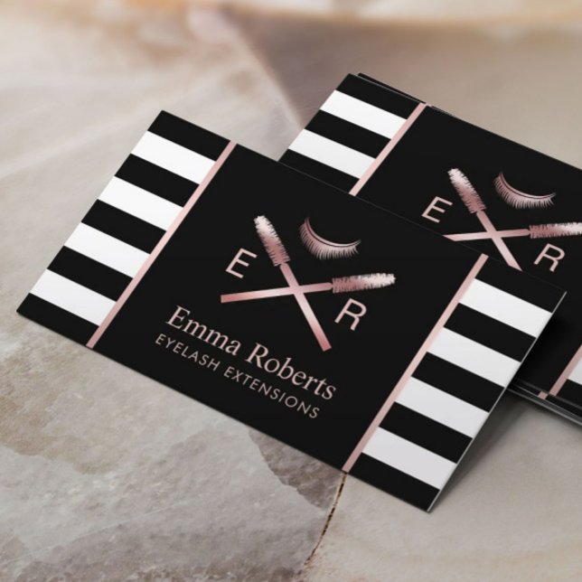 Cartão De Visita Lashes Makeup Artista Moderno Black & White Strips (Criador carregado)