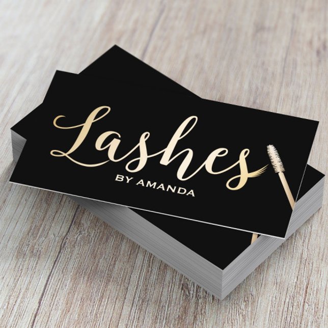 Cartão De Visita Lashes Makeup Artista Moderno Preto e Dourado (Criador carregado)