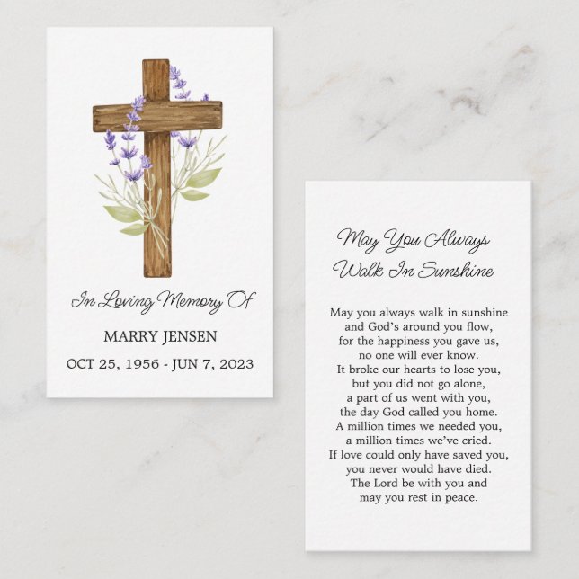 Cartão De Visita Lavender Cross Memorial Funeral Prayer Card (Frente/Verso)