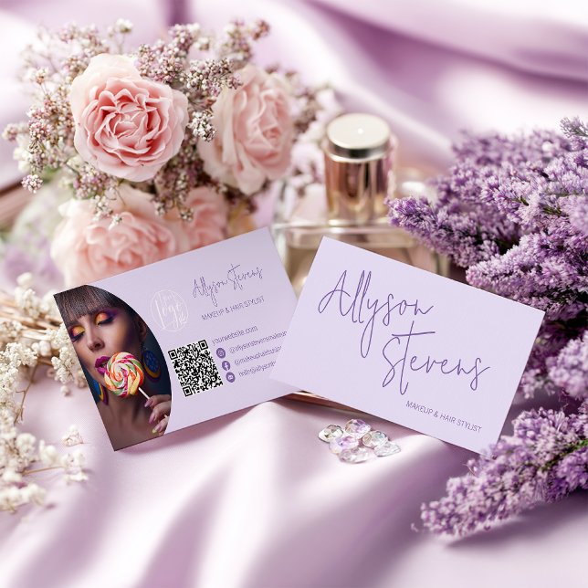Cartão De Visita Lavender Modern name script makeup hair logo qr (Lavender Modern name script makeup hair logo qr Business Card)