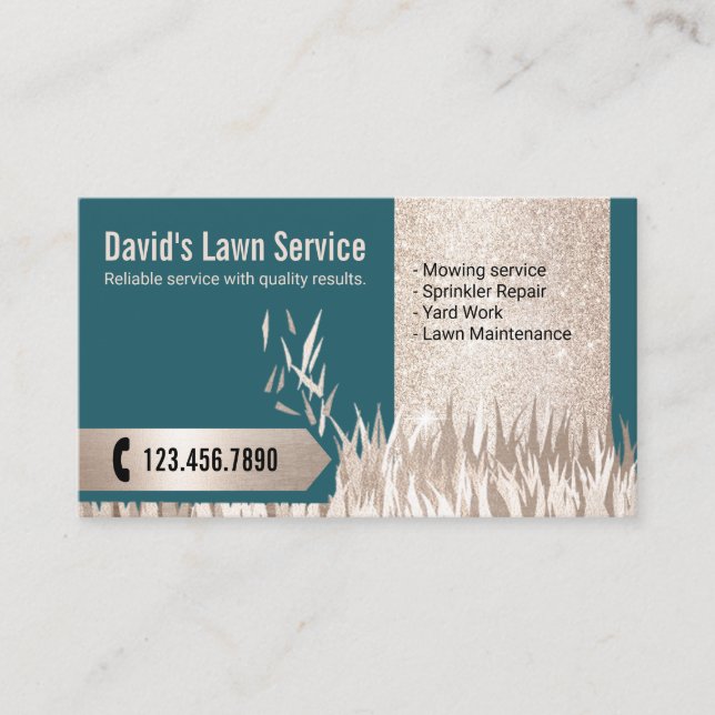 Cartão De Visita Lawn Care Paisaging Luxury Teal & Dourado (Frente)